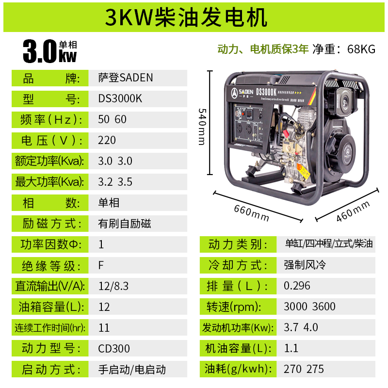 薩登3千瓦小型柴油發(fā)電機廠家